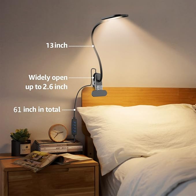 Desk Lamp with Clamp, 8W Clip on Light with 3 Lighting Modes, 10 Brightness Level, Eye-Caring Reading Lamp, Flexible Gooseneck Clamp Lamp, USB Desk Light for Bed Headboard Home
