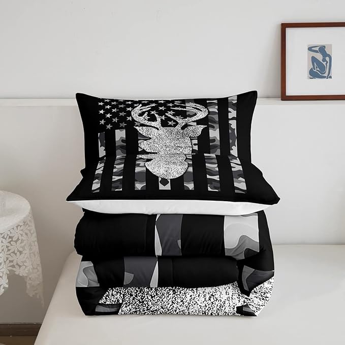 American Flag Bedding Set Deer Camo Comforter Set Twin For Kids Boys Teen Man,Western Rustic Black Grey Military Camouflage Bedding Comforters Hunting Deer Antlers Quilt Duvet For All Season 2 Pcs