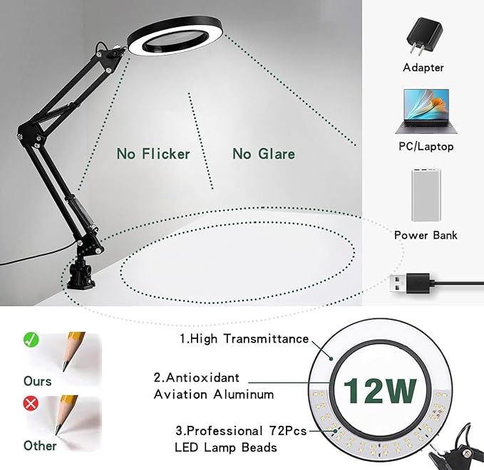 Magnifying Glass with Light and Stand, 10X Magnifying Lamp, 2-in-1 Magnifying Desk Lamp with Clamp, 3 Color Mode, Magnifying Glasses with Light for Close Work (2nd Generation Base ＆ Clamp)