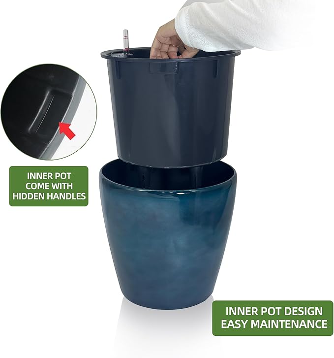 Dexceder 18x17 Self Watering Planter with Wheels Indoor Outdoor, Inner Pot Design, Thickened Large Floor Standing Flower Plant Pot with Water Level Indicator (Grayish Green Gradient)