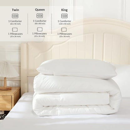 White Comforter for Queen Size Bed, Full Modern Bedding Set for Women/Men, Cute Soft & Lightweight Chic Microfiber Bed Sets, 3 pcs-1 Comforter & 2 Pillowcases (90"x90")