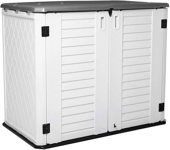 Horizontal Outdoor Garden Storage Shed for Backyards and Patios, Plastic Storage Box Waterproof, Small Shed 26 Cubic Feet Capacity for Bike, Garbage Cans, Lawn Mower, Tools and Garden Accessories