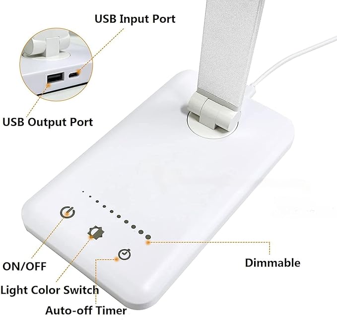 LED Desk Lamp Dimmable Table Lamp Reading Lamp with USB Charging Port, 5 Lighting Modes, Sensitive Control, 30/60 Minutes Auto-Off Timer, Eye-Caring Office Lamp (White)