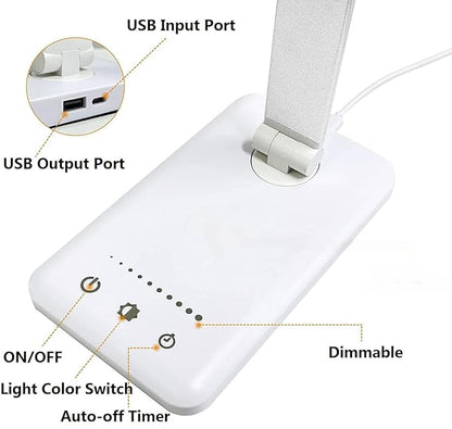LED Desk Lamp Dimmable Table Lamp Reading Lamp with USB Charging Port, 5 Lighting Modes, Sensitive Control, 30/60 Minutes Auto-Off Timer, Eye-Caring Office Lamp (White)