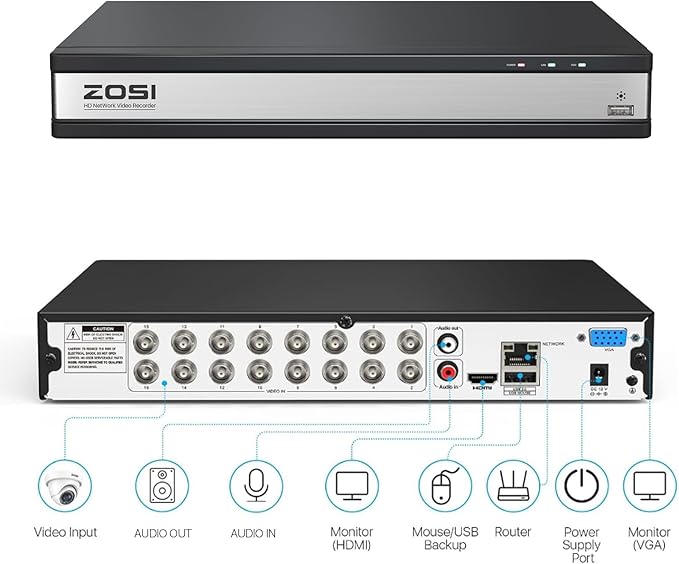ZOSI 3K Lite H.265+ 16 Channel Video Security DVR Recorder with AI Human/Vehicle Detection,16CH Hybrid 4-in-1 CCTV DVR with 4TB HDD for Home Surveillance Camera System,Remote Access,24/7 Recording