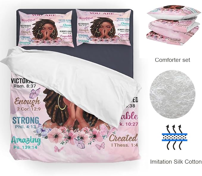 Kids Comforter Sets Full Size, Prayer Girl and African American Girl Inspirational Quotes with Floral Butterfly, Teens Bedding Sets for Girls Women (Full, Pink White)