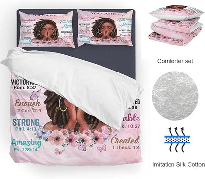 Twin Size Comforter Set with Powerful Quotes from Girls,3 Pieces Featuring African-American Girl - Ideal Gift Bedding for Teens and Women Pink White
