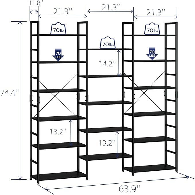 NUMENN Triple Wide 6 Tier Bookshelf, Rustic Industrial Style Bookcases and Bookshelves with 17 Open Display Shelves, Modern Tall Bookcase Furniture for Bedroom, Living Room and Home Office, Black