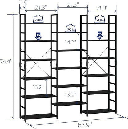 NUMENN Triple Wide 6 Tier Bookshelf, Rustic Industrial Style Bookcases and Bookshelves with 17 Open Display Shelves, Modern Tall Bookcase Furniture for Bedroom, Living Room and Home Office, Black