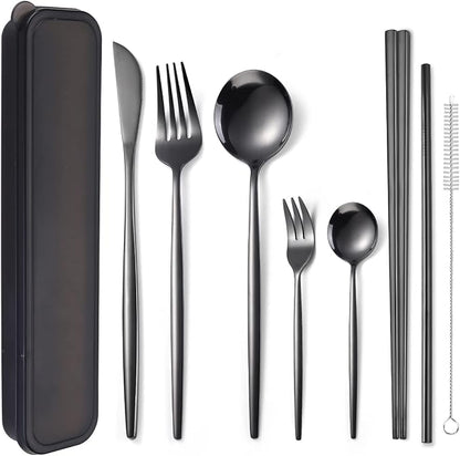 AARAINBOW 8 Pieces Stainless Steel Flatware Set Portable Reusable Cutlery Set Travel Utensils Set Including Chopsticks Knife Fork Spoon Straws Cleaning Brush Dishwasher Safe (Black)