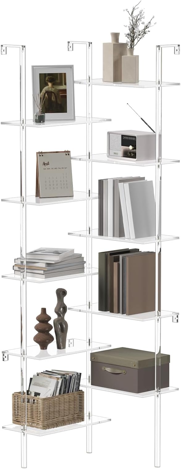 Acrylic Corner Bookshelf, Wall Mounted, 10-Tier L Shaped Bookshelf with Open Shelves, Multipurpose Clear Ladder Bookcase for Living Room, Bathroom, Office, Modern, 73.6" H