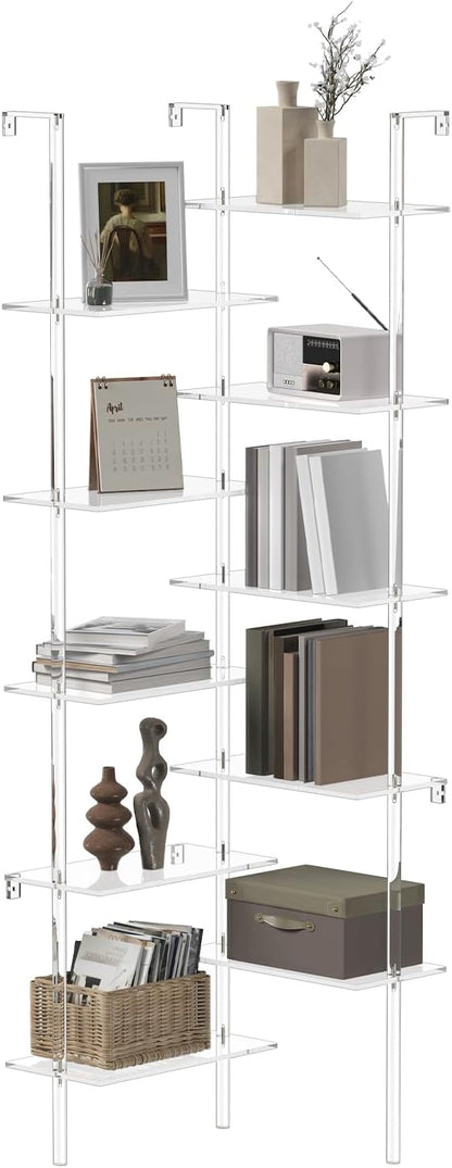 Acrylic Corner Bookshelf, Wall Mounted, 10-Tier L Shaped Bookshelf with Open Shelves, Multipurpose Clear Ladder Bookcase for Living Room, Bathroom, Office, Modern, 73.6" H