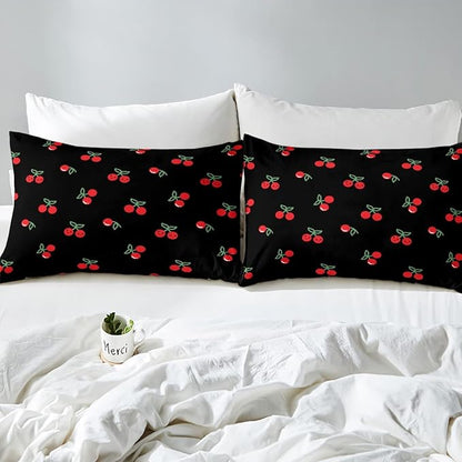 Erosebridal Red Cherry Comforter Set for Kids, Fruit Kawaii Bedding Set Twin, Cute Cherry Cartoon Down Comforter for Boys Girls Women Bedroom Decor, Reversible Luxury Soft Quilted Comforter, Black