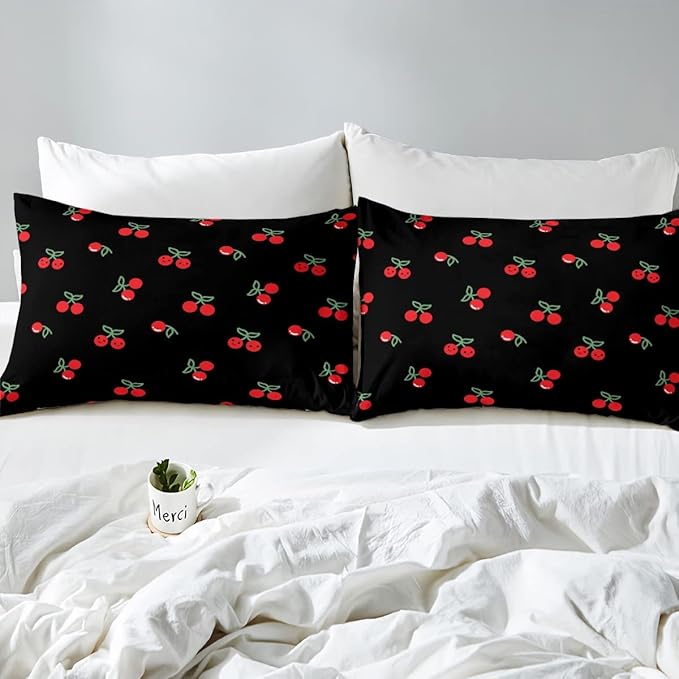 Erosebridal Red Cherry Bedding Set for Kids, Fruit Kawaii Comforter Set King, Cute Cherry Cartoon Quilted Duvet for Boys Girls Women Bedroom Decor, Reversible Luxury Cherry Quilted Comforter, Black