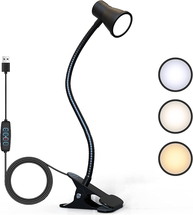 Clip on lamp for Bed Headboard with Clamp for Reading, Small Clip on Light for Desk or Bedside, Flexible Gooseneck Small Clamp Light has 3 Color Modes 10 Brightness.(Black)