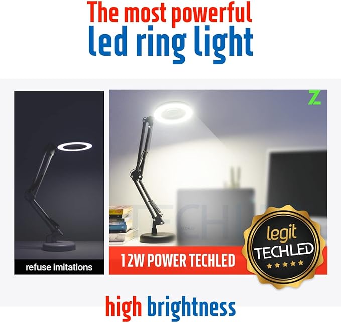 Magnifying Glass with Light and Stand, Desk Ring Light, 3 Color Modes Stepless Dimmable, Desk Lamp, Clamp Light, Office Desk Lamp for Close Work, Repair, Reading, 12w, Adjustable Desk Lamp