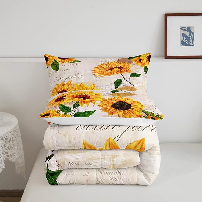 Girls Sunflowers Comforter Set Twin Size Retro Yellow Sunflower Bedding Set for Kids Teens Women Botanical Flowers Duvet Insert Vintage Floral Letters Down Comforter Kids Bedding Set, 2 Pieces