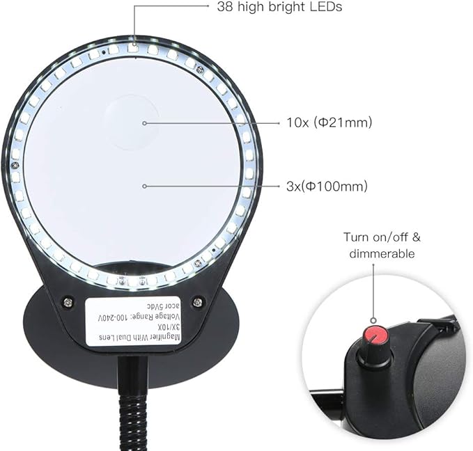 Tom-shine Magnifying Glass Lamp 3X 10X,Stepless Dimmable LED Magnifying Lamp with Dust Cover Metal Clamp,Adjustable LED Magnifier with Light and Stand for Crafts Reading Workbench Close Work