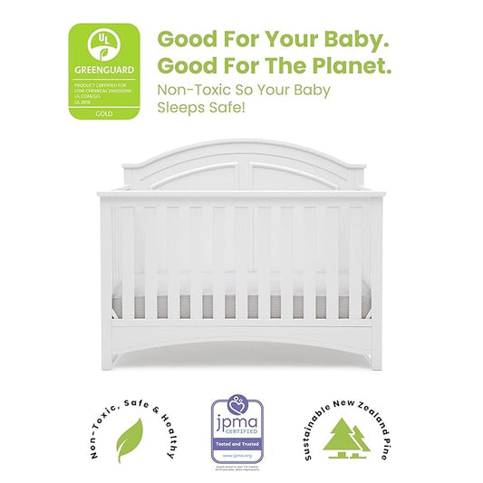 Delta Children Perry 6-in-1 Convertible Crib - Greenguard Gold Certified, Bianca White + Simmons Kids Radiant Sky Dual Sided Baby Crib Mattress and Toddler Mattress (Bundle)
