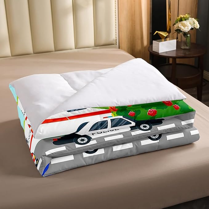 Kids Fire Trucks Car Comforter Set Queen Size Cartoon Police Car Down Comforter Airplane Rescue Vehicles Beding Set Boys Girls Car Room Decor Soft Lightweight Duvet Set, Colorful Comforter