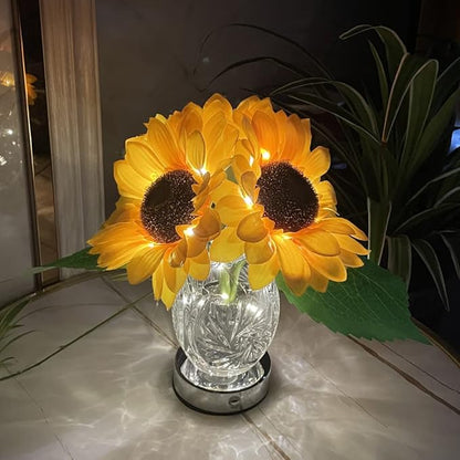 Sunflower Lamp Artificial LED Sunflower Flowers with Glass Vase Table Lamp Night Light for Home Office Decor House Decorations Gift Idea - Rechargeable (3Sunflower)