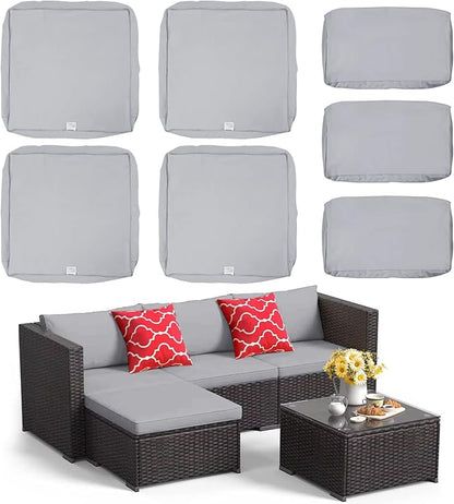 ClawsCover 7Pack Outdoor Seat and Back Cushions Replacement Covers Fit for 3/5 Pieces 4-Seater Wicker Rattan Patio Furniture Conversation Set Sectional Couch,Gray-Small (Include Cover Only)