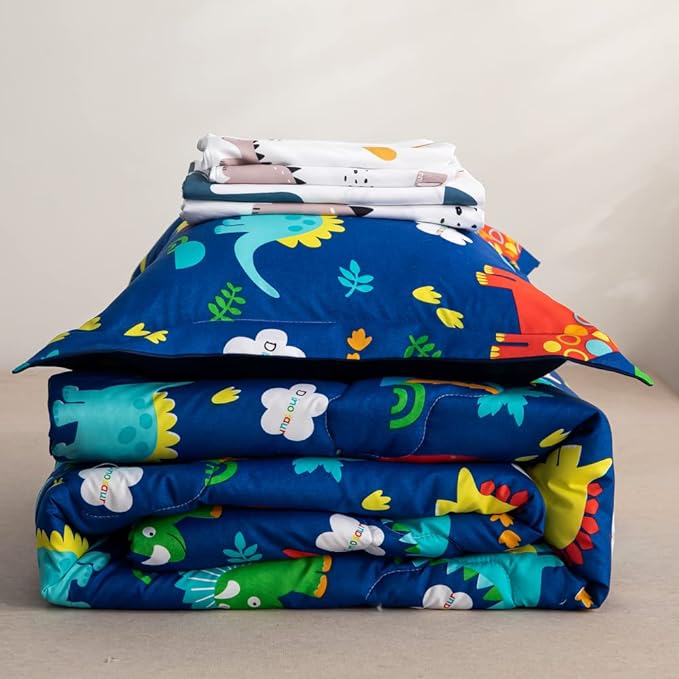 Wajade 7 Piece Kid Boys Dinosaur Comforter Set Full Size 3D Blue Dinosaur Wild Park Jungle Print Bedding Set with Comforter, Sheet Set, Pillowcase and Sham