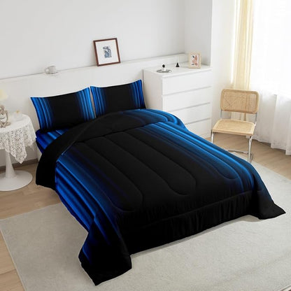 Geometric Abstract Ombre Comforter Set Kids Teens Blue and Black Striped Bedding Bed Set Decor Modern Fashion Comforter Inner Fill Bedroom Collection 2Pcs Twin Size