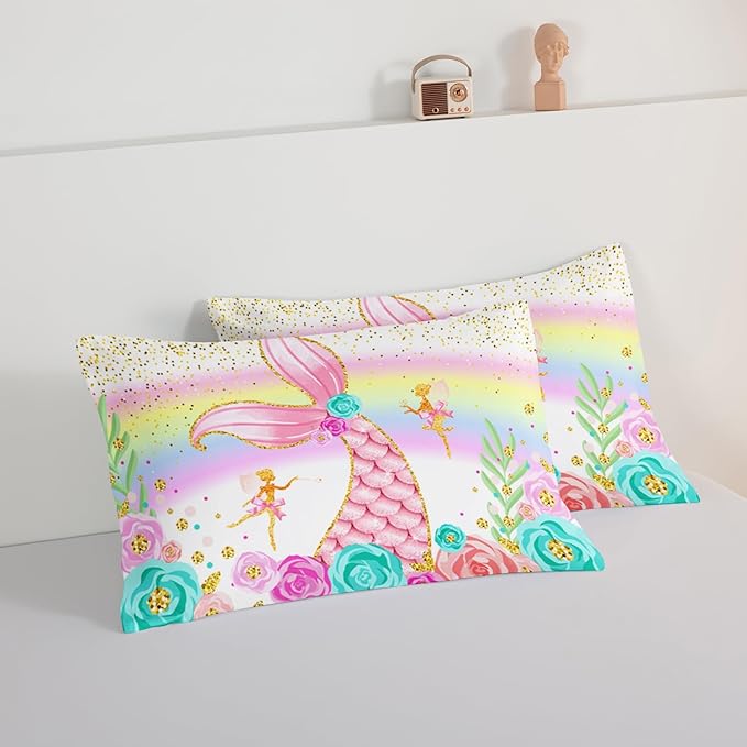 HOSIMA Mermaid Comforter with 2 Pillowcases,Girly Rainbow Bedding Set Glitter Pink Mermaid Tail Twin Comforter Set,Flower Fairies Rose Gold Comforter Set,Floral Comforter for Girls Teens Bedroom.
