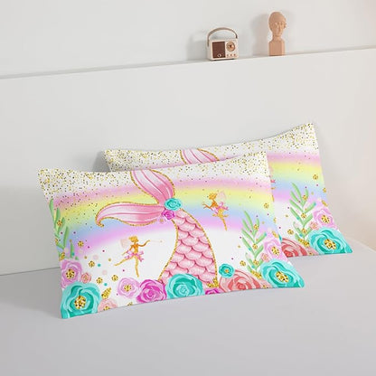 HOSIMA Mermaid Comforter with 2 Pillowcases,Girly Rainbow Bedding Set Glitter Pink Mermaid Tail Comforter Set,Flower Fairies Rose Gold Comforter Set,Floral Full Size Bed in a Bag Set.