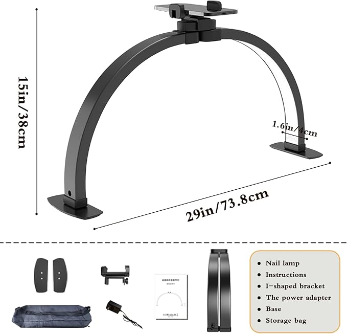 Half Moon Light for Nail Desk Foldable 3000-6500k Lash Light Nail Tech Lamp for Desk with Phone Holder for lash Extension Led Light for Nails tech Stepless Dimming (Black, 29in)