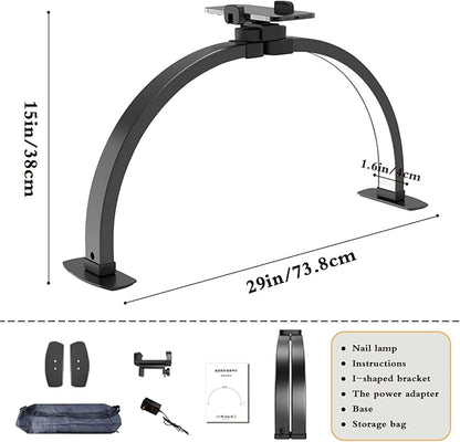 Half Moon Light for Nail Desk Foldable 3000-6500k Lash Light Nail Tech Lamp for Desk with Phone Holder for lash Extension Led Light for Nails tech Stepless Dimming (Black, 29in)