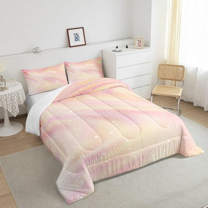 Glitter Galaxy Bedding Comforter Sets for Kids Teenagers, Pastel Galaxy Space Bedding Rainbow Tie Dye Comforter Set for Boys Girls, Starry Sky Gradient Down Comforter with 2 Pillowcases, Queen