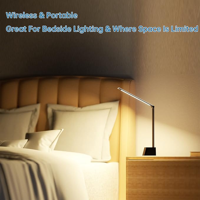 Ambertronix Rechargeable Cordless LED Desk Lamp, 5 Brightness & 5 Lighting Modes, USB Charging Port, Aluminum Arms, Portable, Dimmable, Touch Control, Auto Timer (Black)