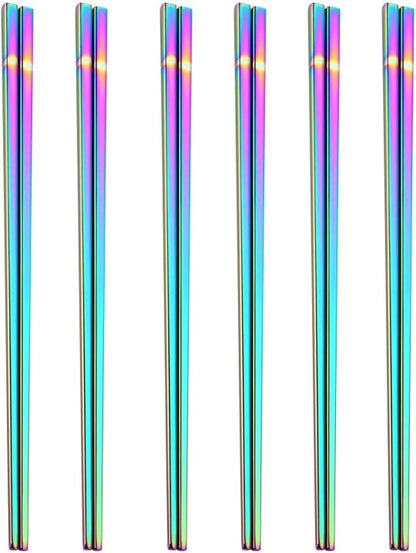 Stainless Steel Chopsticks,Reusable ,Dishwasher Safe , Easy to Use（6 PCS,Rainbow）