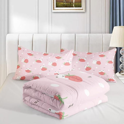 Cartoon Bear Comforter King Size,Pink Strawberry Comforter Set for Kids Teens Girls,3Pcs Bedding Set Printed Comforter with 2 Pillowcases,Down Alternative,Soft and Lightweight，King Size