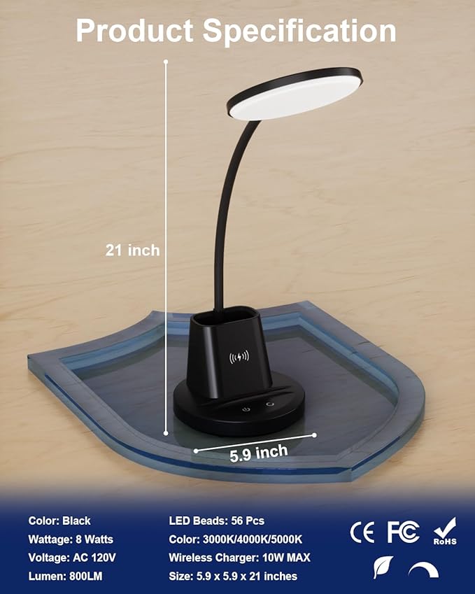 hansang LED Desk Lamp for Home Office with Wireless Charger, 3 Color Modes, Stepless Dimmable, Touch Control Black Study Lamp with Pen Holder for College Dorm Room, CRI 90, 800 Lumen, Adapter Included