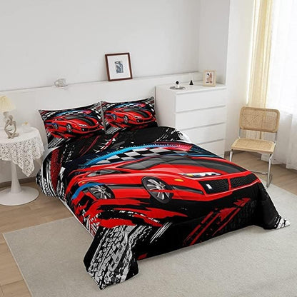 Car Bedding Set for Boys King Size Racing Sports Car Comforter Kids Extreme Sports Comforter Set Girls Teens Cool Speed Automobile Decor Bed Duvet Set Soft Lightweight Boys