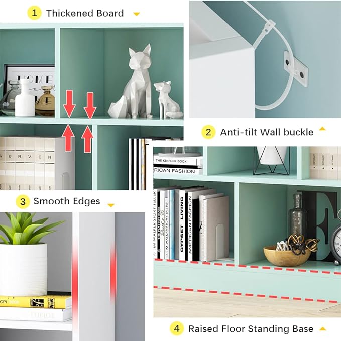 IOTXY Open Shelf Low Bookcase - Wooden 3-Tier Floor Standing Display Cabinet Organizer with Base, 7 Cubes Short Horizontal Bookshelf in Tiffany-Green