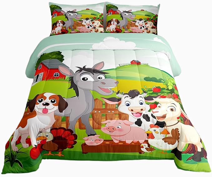 Cute Farm Animals Bedding Set Kids Cartoon Pig Dog Cow Horse Comforter Set for Boys Girls Teens Nature Country Style Comforter Farmhouse Rustic Duvet Set Colorful Bedroom Decor Quilt Set Full Size
