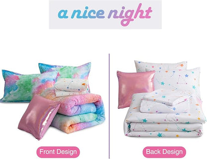 A Nice Night Galaxy 6pcs Kids Bed in a Bag Outer Space Comforter 3D Printed Space Quilt Set Glitter Pink Green Color,for Children Boy Girl Teen Kids,Queen