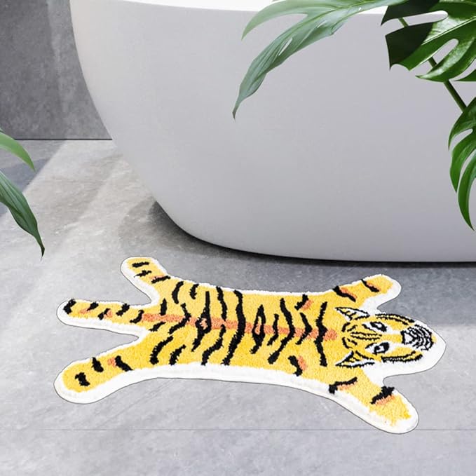 Tiger Shaped Bath Mat for Bathroom Cute Animals Yellow Tiger Cartoon Bath Rug Non-Slip Absorbent Bathtub Rug for Bathroom Tub Door Mat Soft Bathmat Home Decor