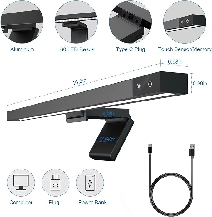 Computer Monitor Light Bar: Flat/Curved Monitor Screen Bar LED Lamp for Eye Caring/Space Saving 16.5 inch USB Powered Desk Lamp with Dimming for Home Office Gaming