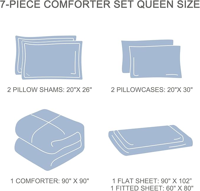 EMME Queen Comforter Set - 7 Pcs Blue Boho Bedding Sets, Full Size Tufted Comforter with Sheets, Shabby Chic Embroidery Queen Bed Set Fluffy Bed Bag for All Season(90"X90")