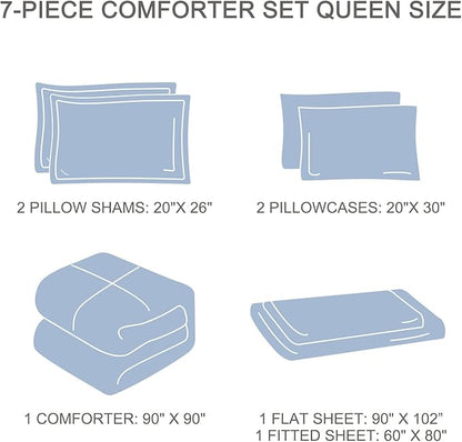 EMME Queen Comforter Set - 7 Pcs White Boho Bedding Sets, Full Size Tufted Comforter with Sheets, Shabby Chic Embroidery Bed Set Fluffy Bed Bag for All Season(90"X90")