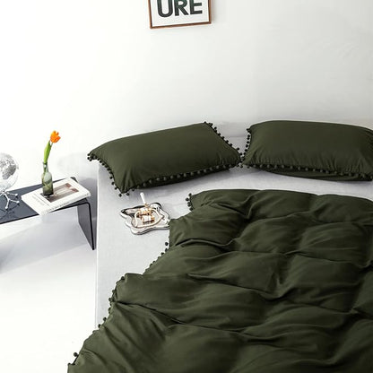 Army Green Comforter Cal King Dark Green Pom Green Comforter 3 PCs Soft Olive Green Boho Ball Pom Fringe California King Comforter Bedding Set Women Solid Dark Green Bed Comforter All Season