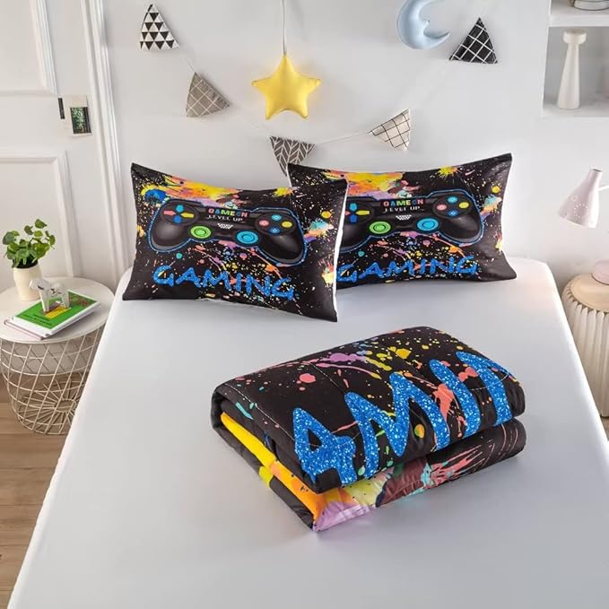 Gamer Comforter Sets for Teen Boys,Gaming Bedding Sets Twin,Video Game Bedspread,Game Gamepad Bed Set,Controller Bedding Gamer Home Decor 3 Piece 1 Comforter and 2 Pillowcases