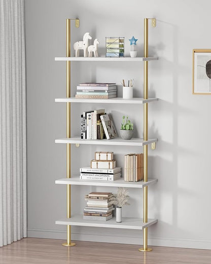 Ladder Shelf Bookcase 5 Tier, Extra Sturdy Modern Bookshelf Wall Mounted, Tall Standing Open Shelf White and Gold, Industrial Metal Frame with Wooden Shelf