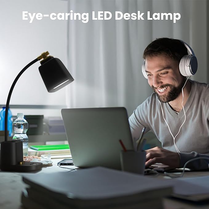 LED Desk Lamp with 2 USB Charging Port, 2 Pen Holders 3 Color Modes Dimmable Reading Light Desk Light, LED Small Desk Lamp Flexible Gooseneck Touch Table Lamp for Bedside Office Home, AC Adapter