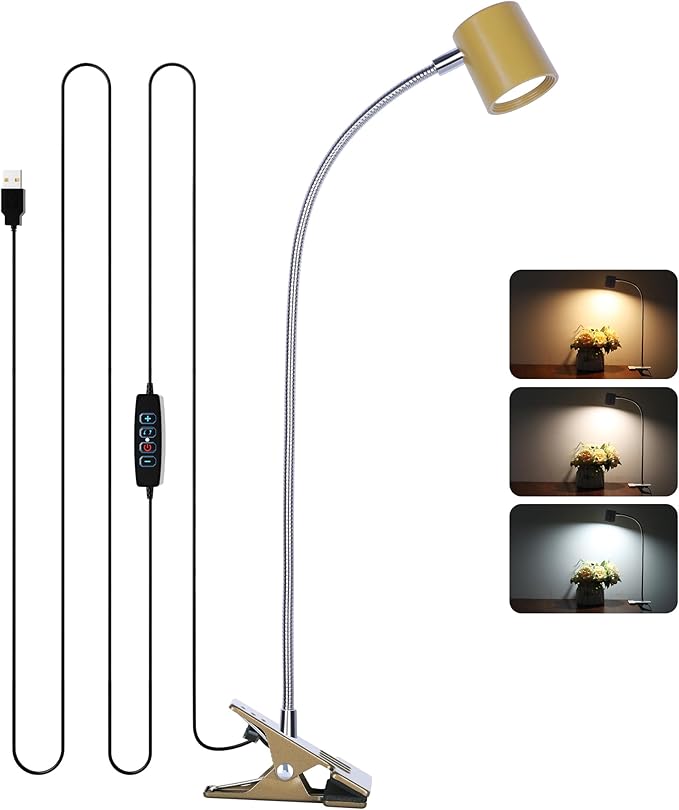 Dott Arts Desk Lamp,USB Clip On Light with 3 Color Modes,LED 10 Levels Brightness Reading Lamp, 360° Gooseneck Book Light,Eye-Care Reading Light for Home Office,Headboards Gold